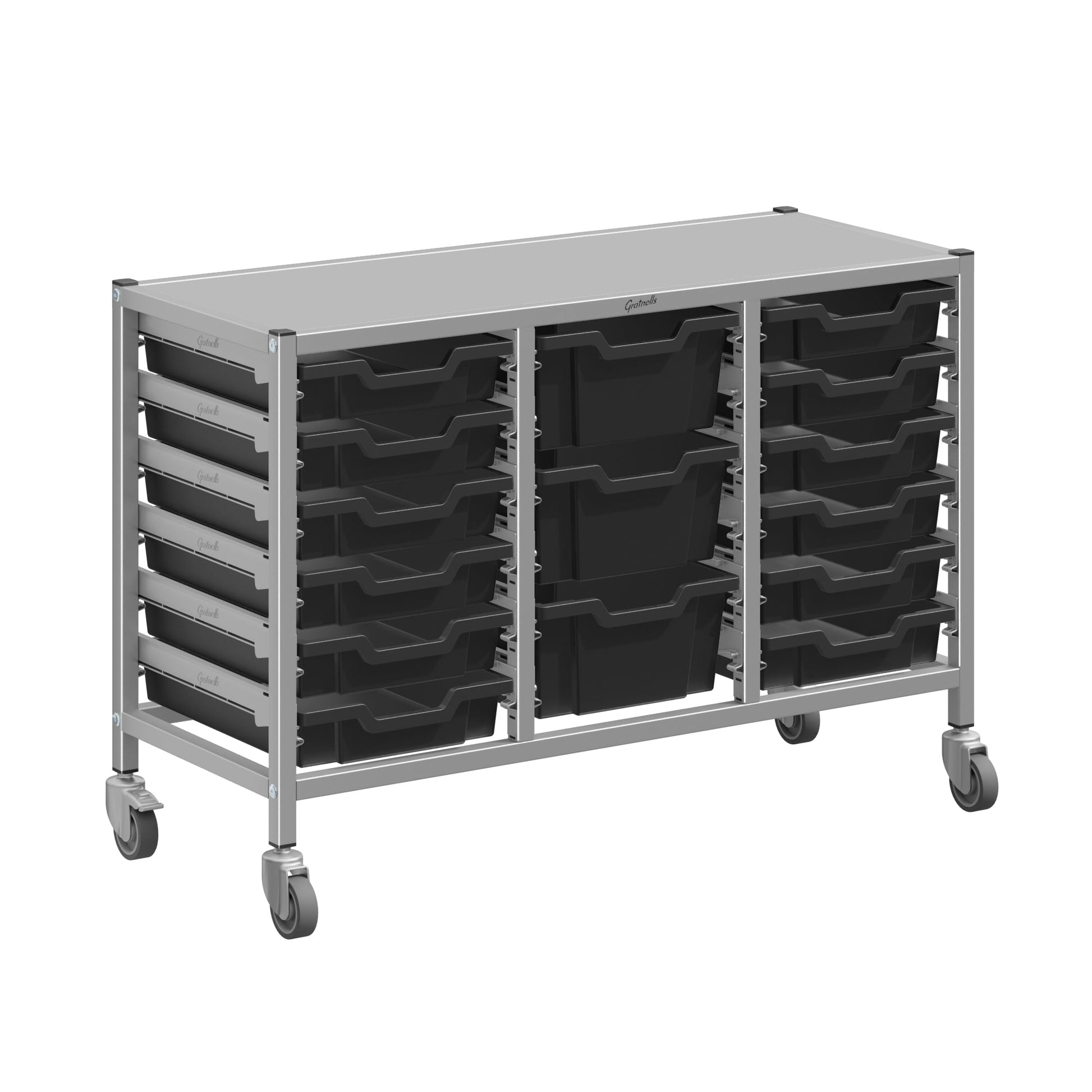 Gratnells Dynamis Lab & Healthcare Low Triple Cart Set 60 Silver with Casters, 12 - 3 inch and 3 - 6 inch deep Trays (GRA - DYAL344) - SchoolOutlet