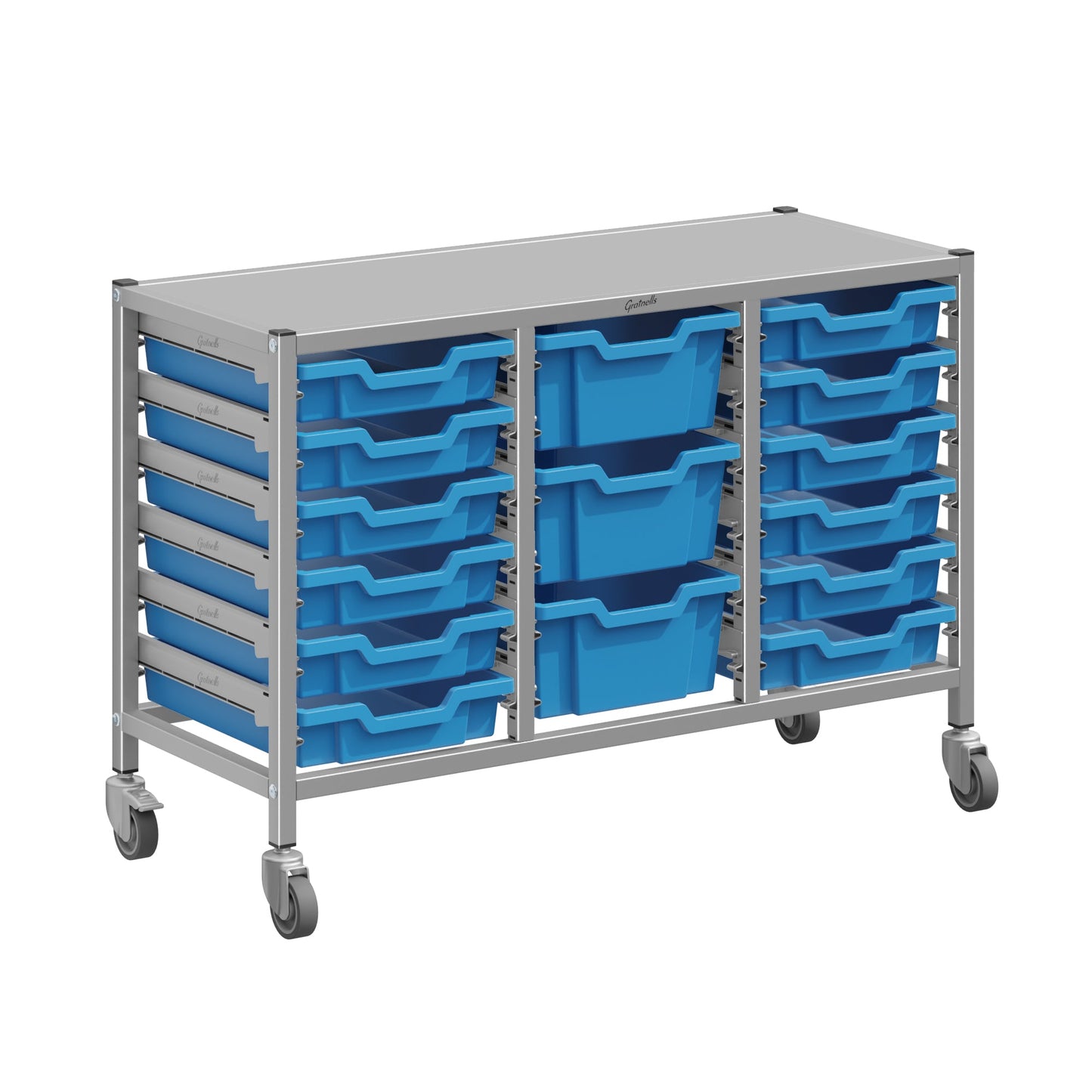 Gratnells Dynamis Lab & Healthcare Low Triple Cart Set 60 Silver with Casters, 12 - 3 inch and 3 - 6 inch deep Trays (GRA - DYAL344) - SchoolOutlet