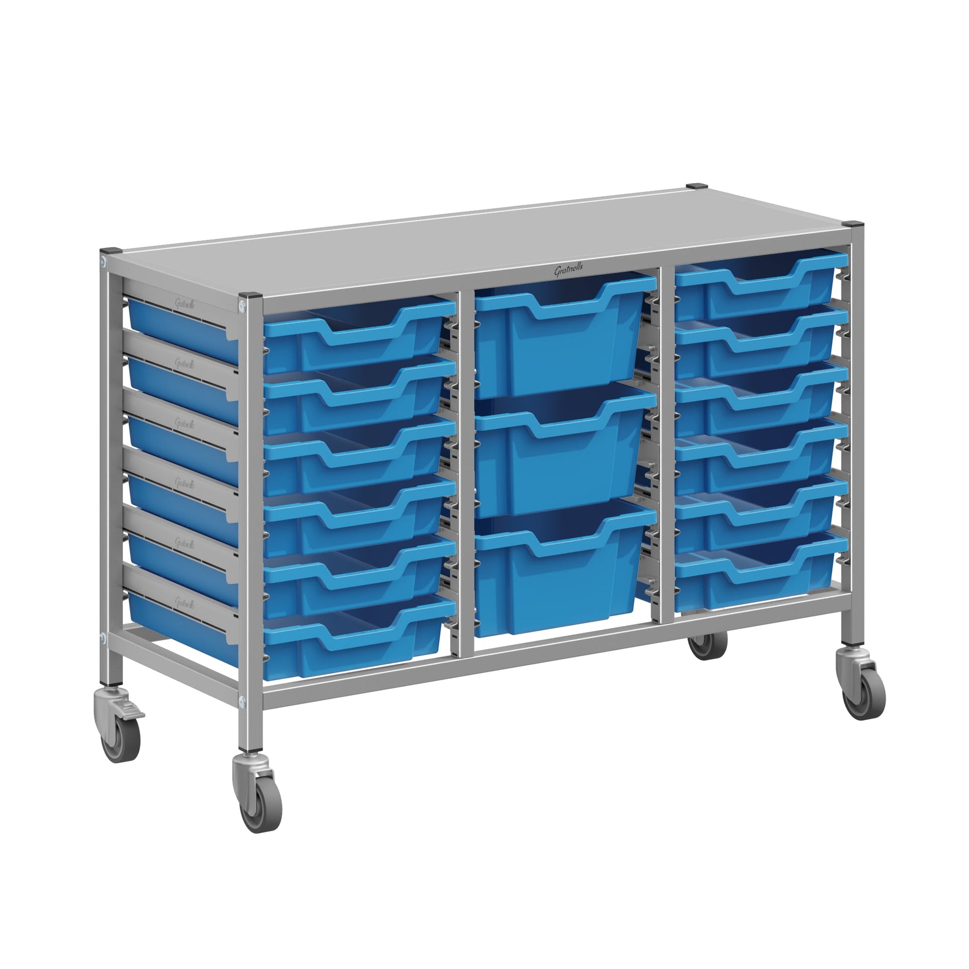 Gratnells Dynamis Lab & Healthcare Low Triple Cart Set 60 Silver with Casters, 12 - 3 inch and 3 - 6 inch deep Trays (GRA - DYAL344) - SchoolOutlet