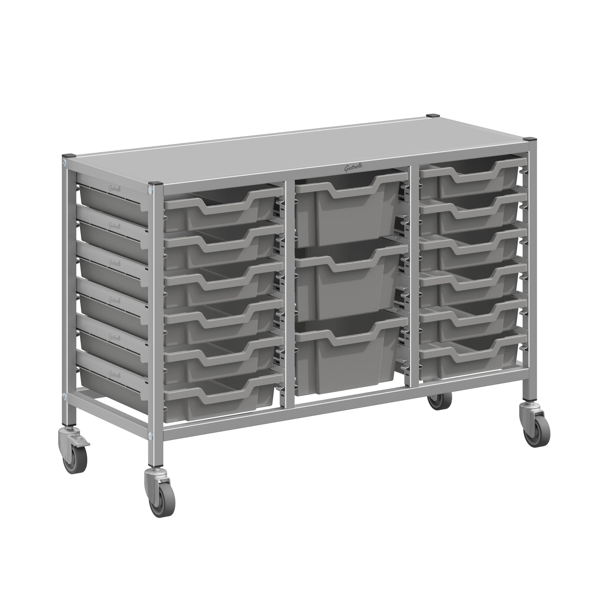 Gratnells Dynamis Lab & Healthcare Low Triple Cart Set 60 Silver with Casters, 12 - 3 inch and 3 - 6 inch deep Trays (GRA - DYAL344) - SchoolOutlet