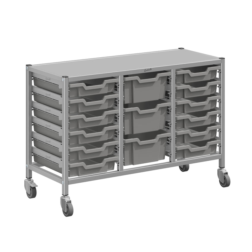 Gratnells Dynamis Lab & Healthcare Low Triple Cart Set 60 Silver with Casters, 12 - 3 inch and 3 - 6 inch deep Trays (GRA - DYAL344) - SchoolOutlet