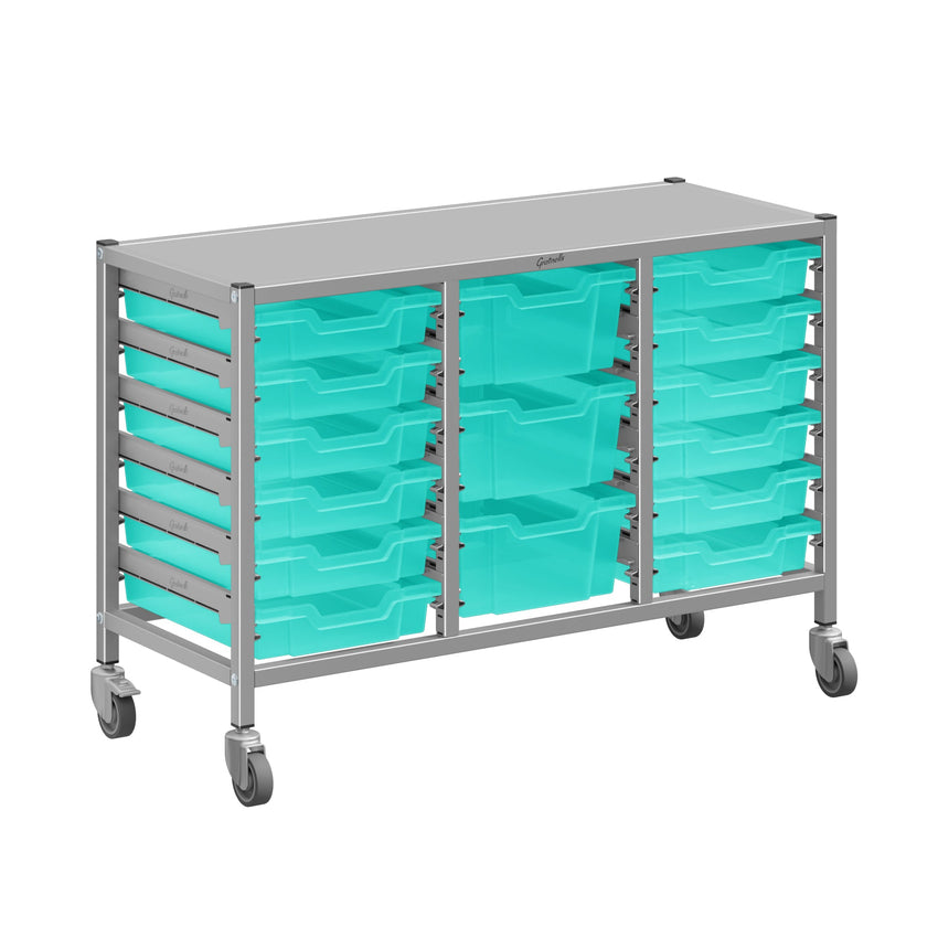 Gratnells Dynamis Lab & Healthcare Low Triple Cart Set 60 Silver with Casters, 12 - 3 inch and 3 - 6 inch deep Trays (GRA - DYAL344) - SchoolOutlet
