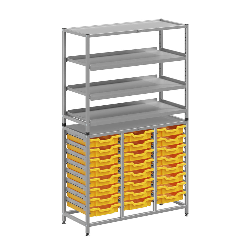 Gratnells Dynamis Lab & Healthcare Combo Cart Set Silver with 3 Shelves and 24 Shallow Trays (GRA - DYAT344 - XX - 005) - SchoolOutlet