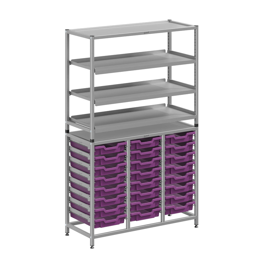 Gratnells Dynamis Lab & Healthcare Combo Cart Set Silver with 3 Shelves and 24 Shallow Trays (GRA - DYAT344 - XX - 005) - SchoolOutlet