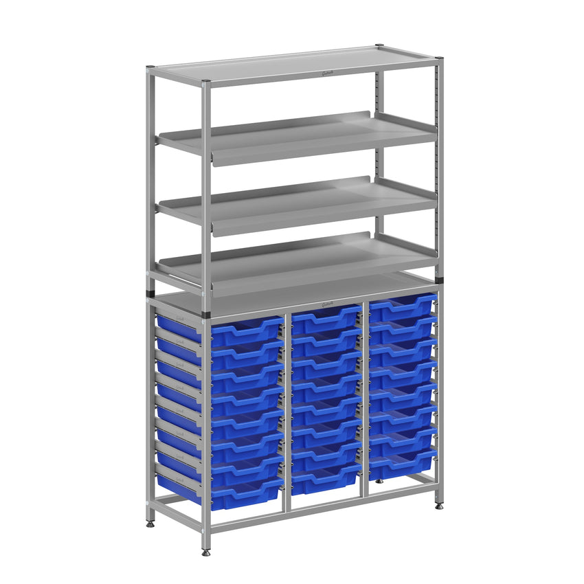 Gratnells Dynamis Lab & Healthcare Combo Cart Set Silver with 3 Shelves and 24 Shallow Trays (GRA - DYAT344 - XX - 005) - SchoolOutlet