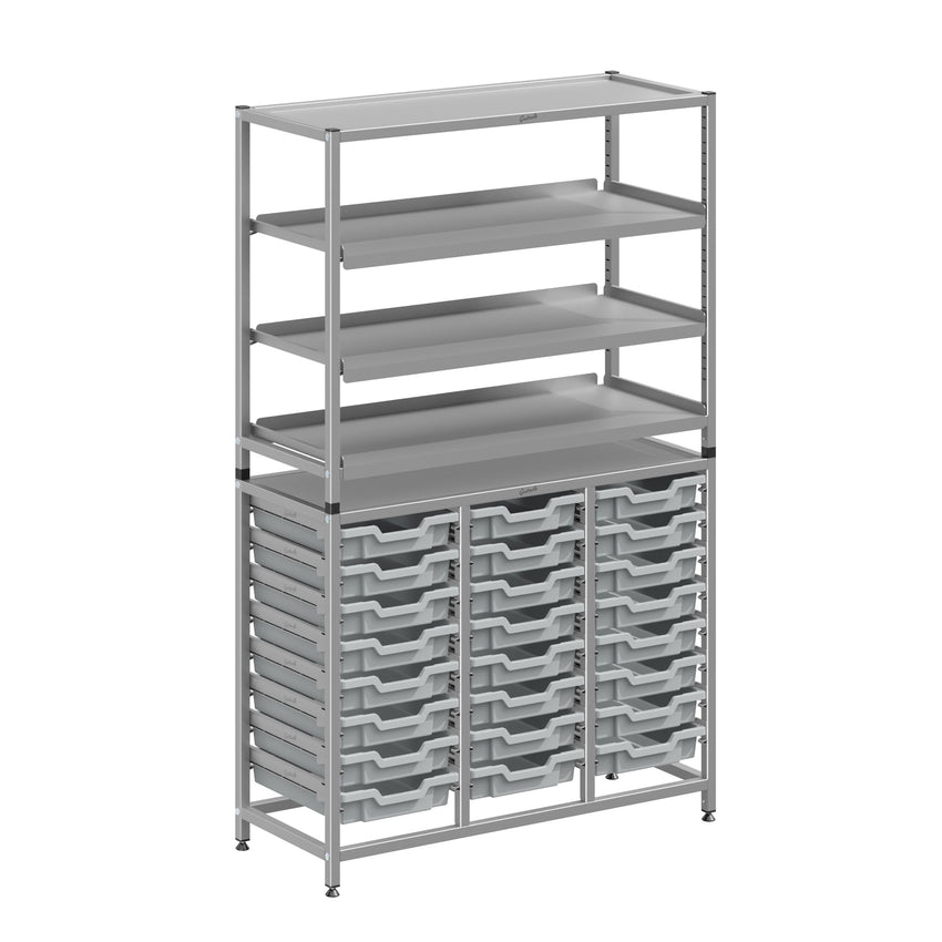 Gratnells Dynamis Lab & Healthcare Combo Cart Set Silver with 3 Shelves and 24 Shallow Trays (GRA - DYAT344 - XX - 005) - SchoolOutlet