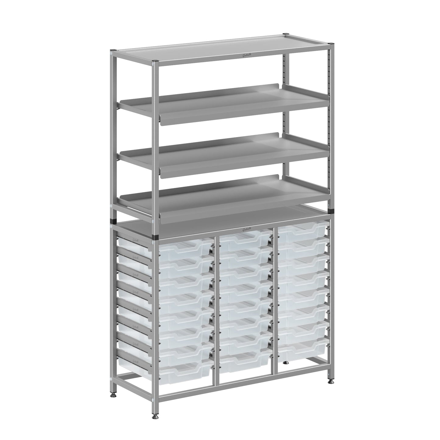 Gratnells Dynamis Lab & Healthcare Combo Cart Set Silver with 3 Shelves and 24 Shallow Trays (GRA - DYAT344 - XX - 005) - SchoolOutlet