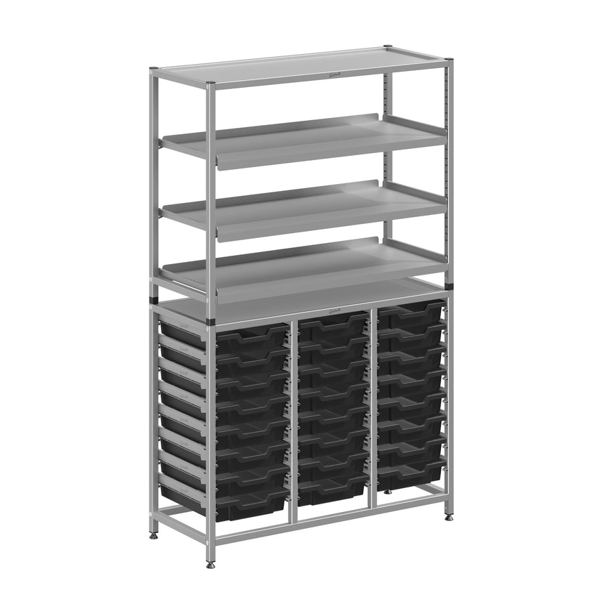 Gratnells Dynamis Lab & Healthcare Combo Cart Set Silver with 3 Shelves and 24 Shallow Trays (GRA - DYAT344 - XX - 005) - SchoolOutlet