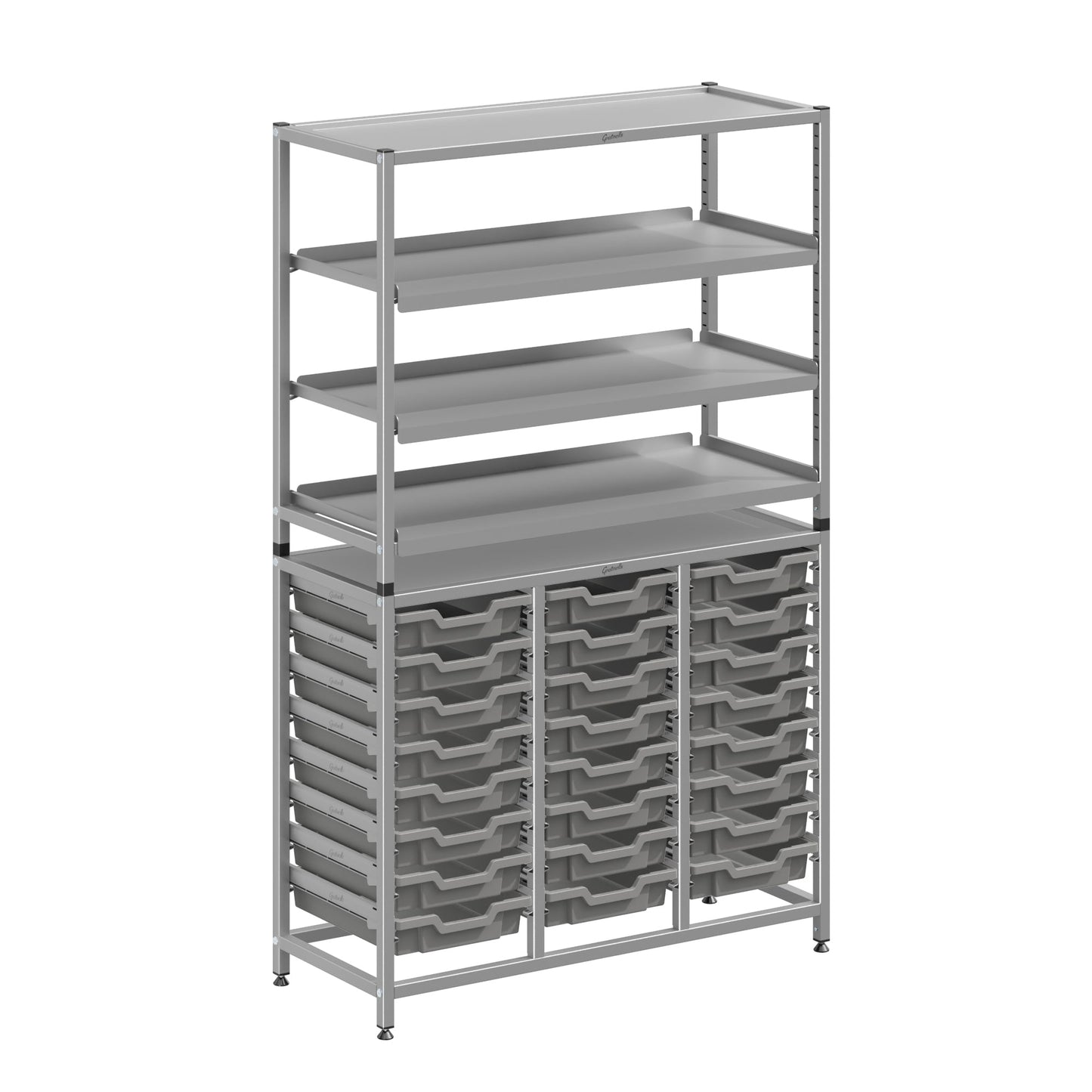 Gratnells Dynamis Lab & Healthcare Combo Cart Set Silver with 3 Shelves and 24 Shallow Trays (GRA - DYAT344 - XX - 005) - SchoolOutlet