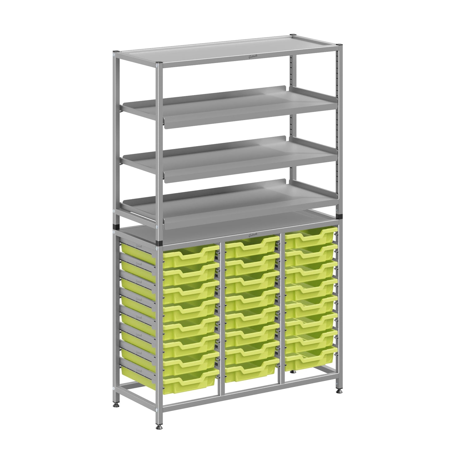 Gratnells Dynamis Lab & Healthcare Combo Cart Set Silver with 3 Shelves and 24 Shallow Trays (GRA - DYAT344 - XX - 005) - SchoolOutlet
