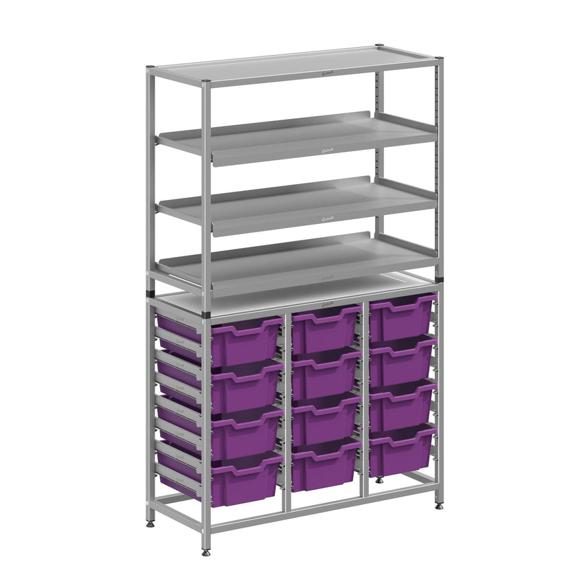 Gratnells Dynamis Combo Cart Set 12 Silver with feet 3 shelves 12 - 6 inch deep Trays (GRA - DYFT344C02) - SchoolOutlet