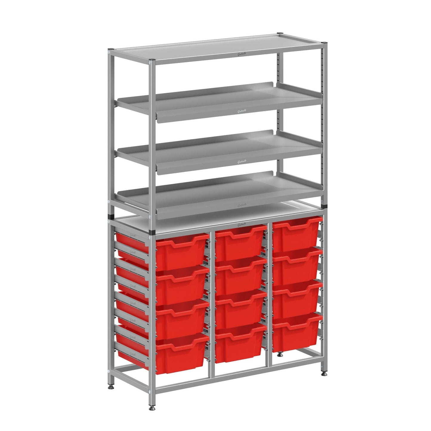 Gratnells Dynamis Combo Cart Set 12 Silver with feet 3 shelves 12 - 6 inch deep Trays (GRA - DYFT344C02) - SchoolOutlet