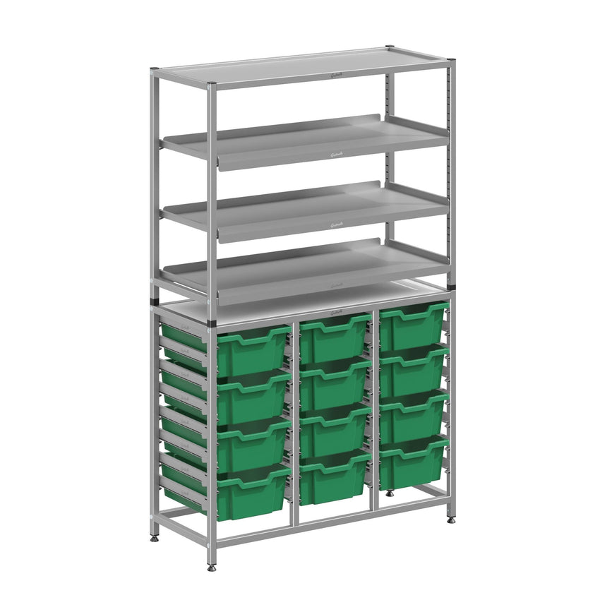 Gratnells Dynamis Combo Cart Set 12 Silver with feet 3 shelves 12 - 6 inch deep Trays (GRA - DYFT344C02) - SchoolOutlet