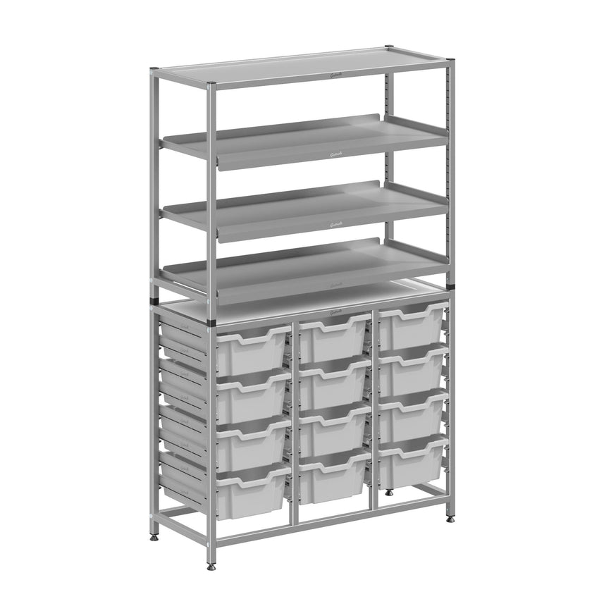Gratnells Dynamis Combo Cart Set 12 Silver with feet 3 shelves 12 - 6 inch deep Trays (GRA - DYFT344C02) - SchoolOutlet