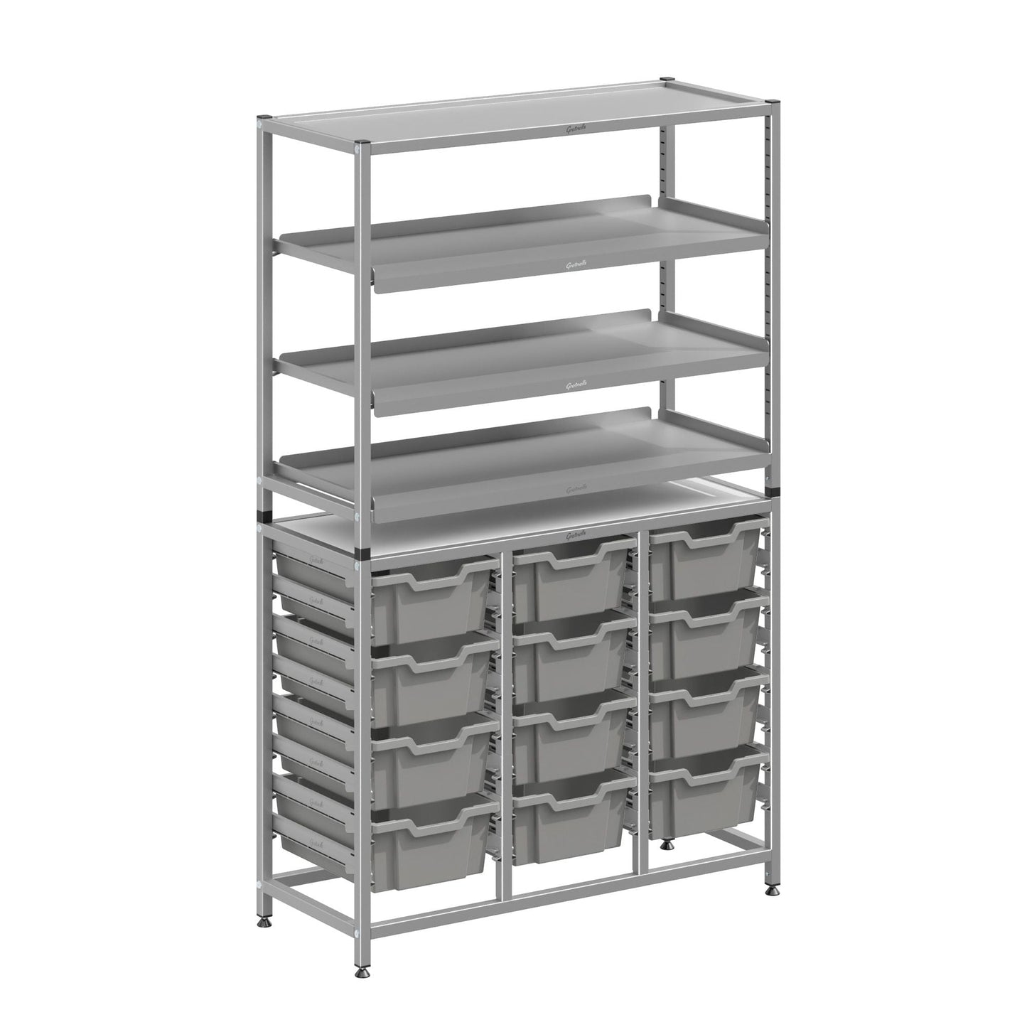 Gratnells Dynamis Combo Cart Set 12 Silver with feet 3 shelves 12 - 6 inch deep Trays (GRA - DYFT344C02) - SchoolOutlet