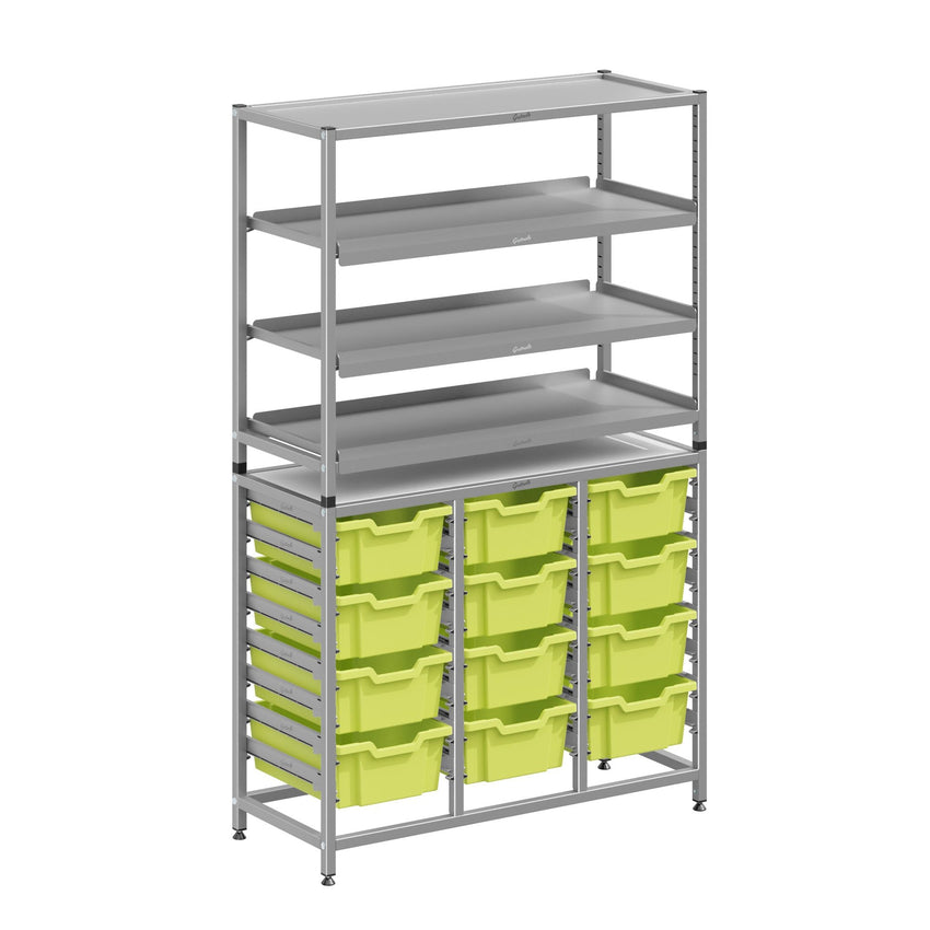 Gratnells Dynamis Combo Cart Set 12 Silver with feet 3 shelves 12 - 6 inch deep Trays (GRA - DYFT344C02) - SchoolOutlet