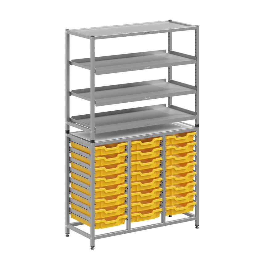 Gratnells Dynamis Combo Cart Set 11 Silver with feet 3 shelves 24 Shallow 3 inch deep Trays (GRA - DYFT344C03) - SchoolOutlet