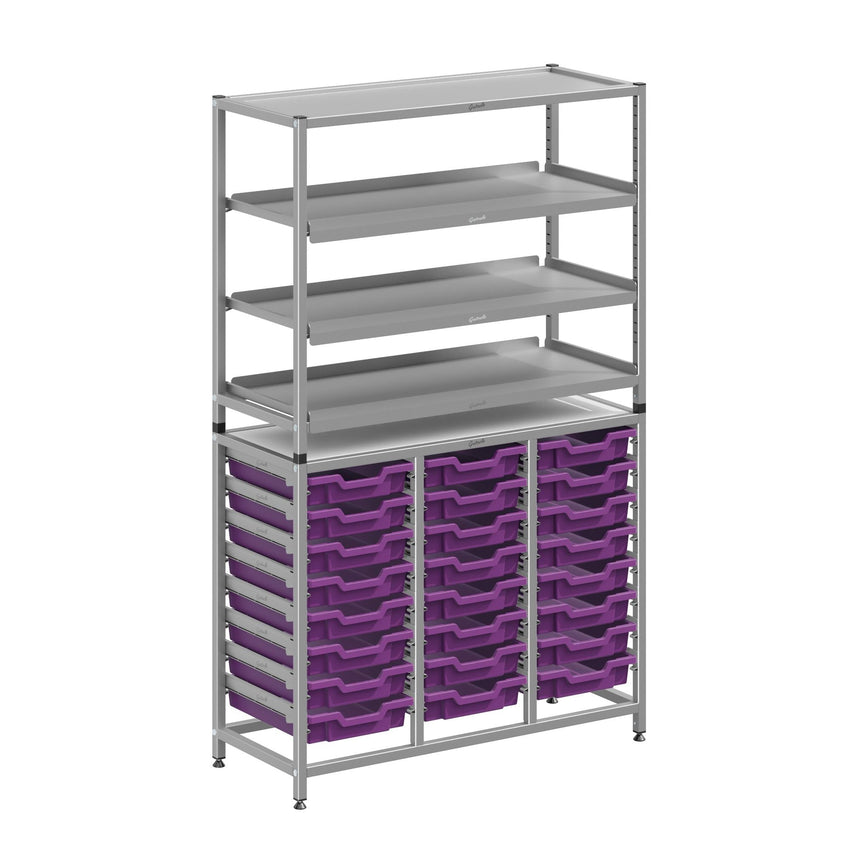 Gratnells Dynamis Combo Cart Set 11 Silver with feet 3 shelves 24 Shallow 3 inch deep Trays (GRA - DYFT344C03) - SchoolOutlet