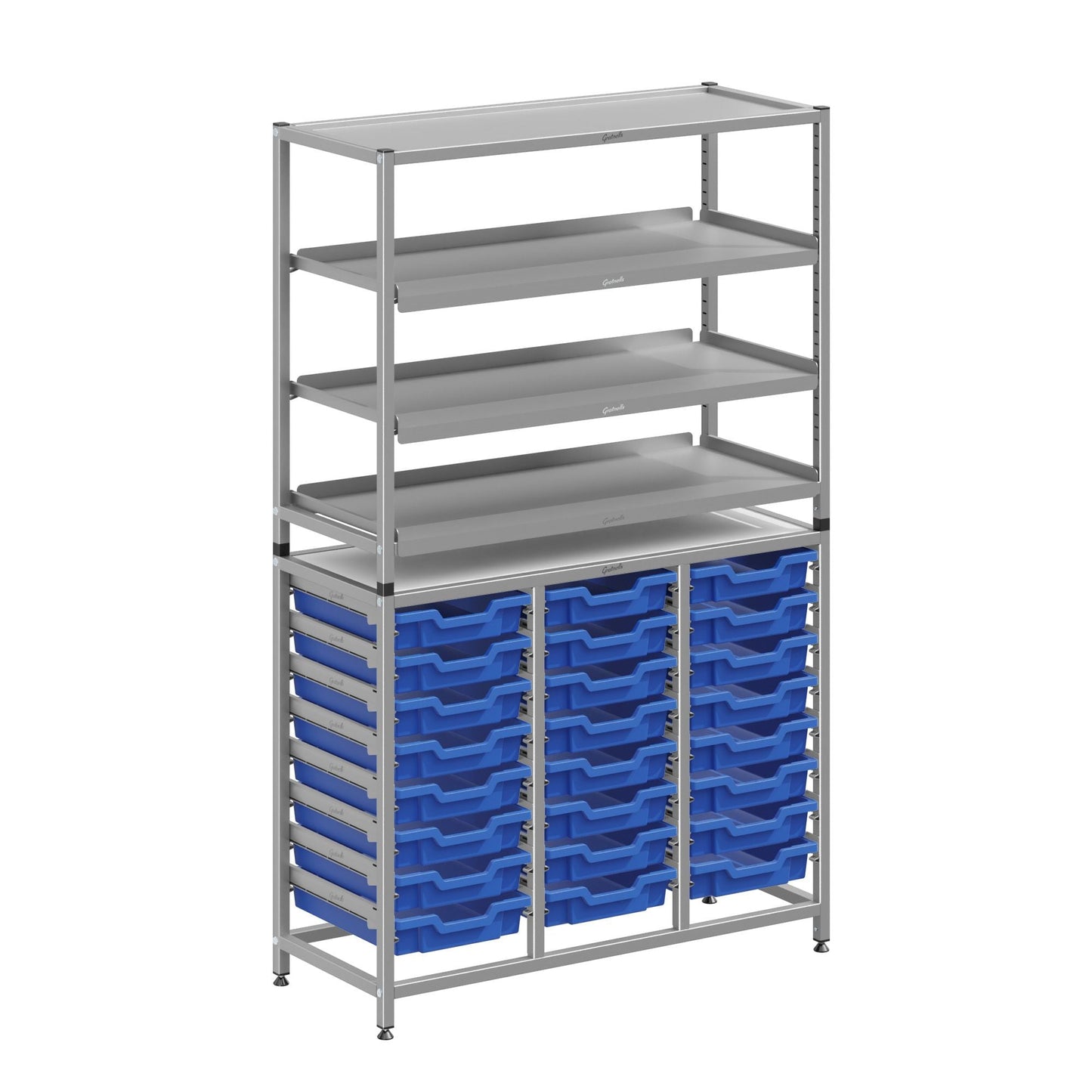 Gratnells Dynamis Combo Cart Set 11 Silver with feet 3 shelves 24 Shallow 3 inch deep Trays (GRA - DYFT344C03) - SchoolOutlet