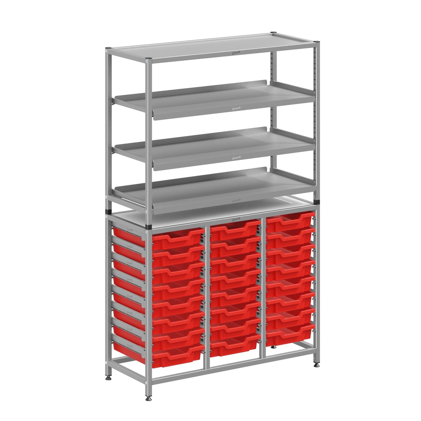 Gratnells Dynamis Combo Cart Set 11 Silver with feet 3 shelves 24 Shallow 3 inch deep Trays (GRA - DYFT344C03) - SchoolOutlet
