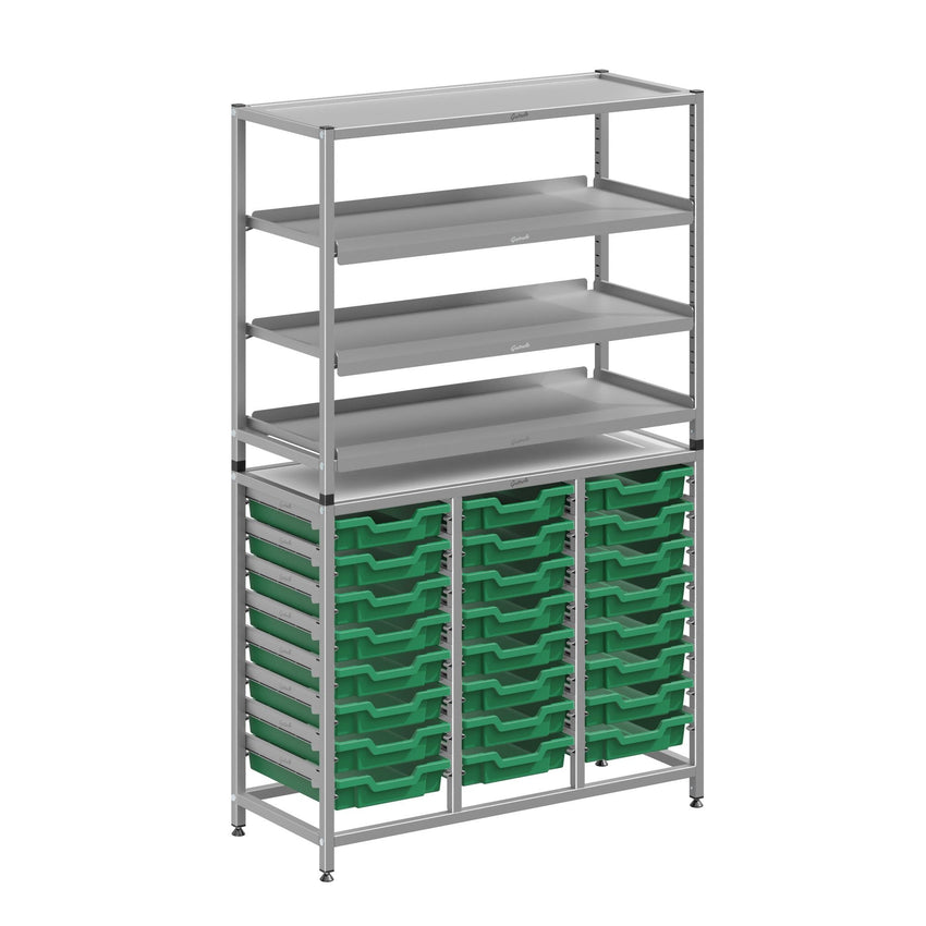 Gratnells Dynamis Combo Cart Set 11 Silver with feet 3 shelves 24 Shallow 3 inch deep Trays (GRA - DYFT344C03) - SchoolOutlet