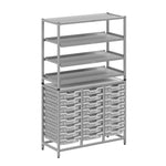 Gratnells Dynamis Combo Cart Set 11 Silver with feet 3 shelves 24 Shallow 3 inch deep Trays (GRA - DYFT344C03) - SchoolOutlet