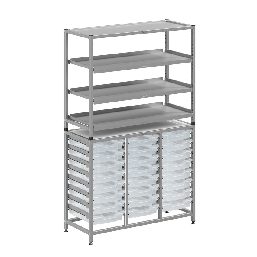 Gratnells Dynamis Combo Cart Set 11 Silver with feet 3 shelves 24 Shallow 3 inch deep Trays (GRA - DYFT344C03) - SchoolOutlet