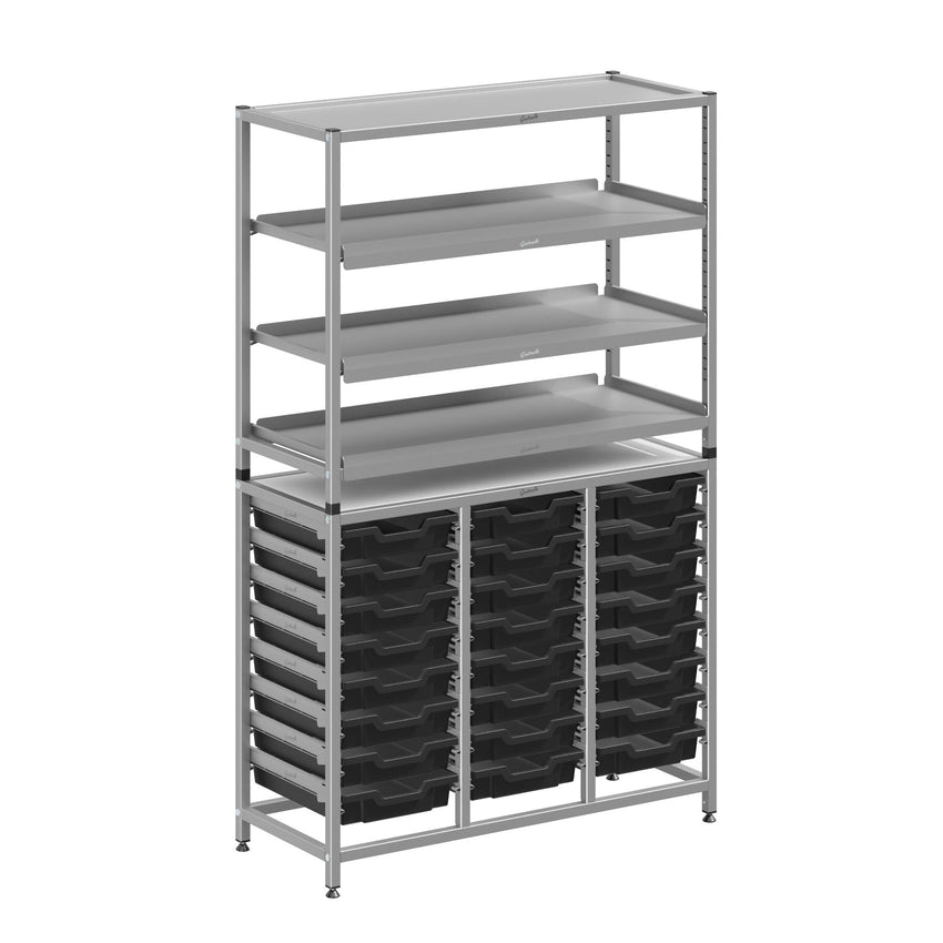 Gratnells Dynamis Combo Cart Set 11 Silver with feet 3 shelves 24 Shallow 3 inch deep Trays (GRA - DYFT344C03) - SchoolOutlet