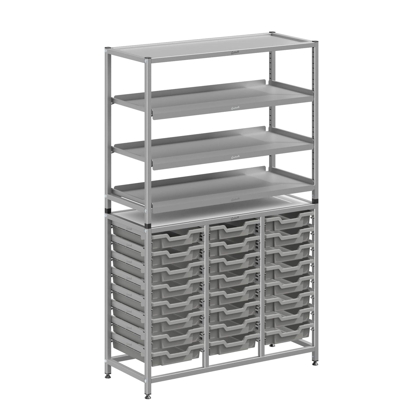 Gratnells Dynamis Combo Cart Set 11 Silver with feet 3 shelves 24 Shallow 3 inch deep Trays (GRA - DYFT344C03) - SchoolOutlet