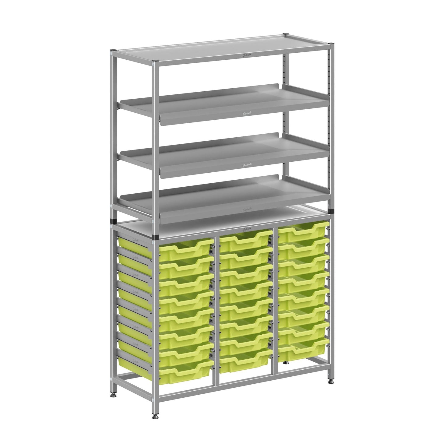 Gratnells Dynamis Combo Cart Set 11 Silver with feet 3 shelves 24 Shallow 3 inch deep Trays (GRA - DYFT344C03) - SchoolOutlet