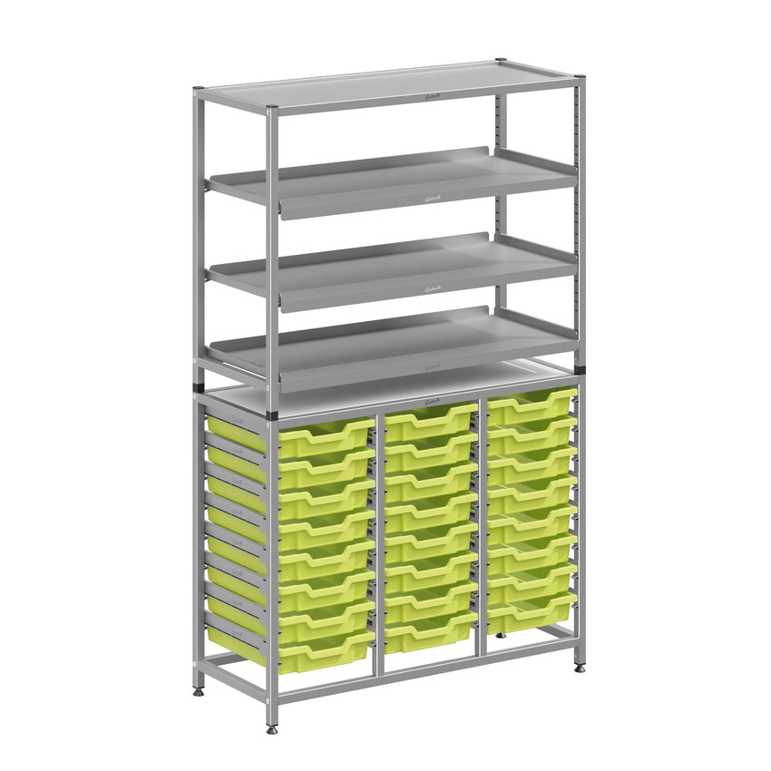 Gratnells Dynamis Combo Cart Set 11 Silver with feet 3 shelves 24 Shallow 3 inch deep Trays (GRA - DYFT344C03) - SchoolOutlet