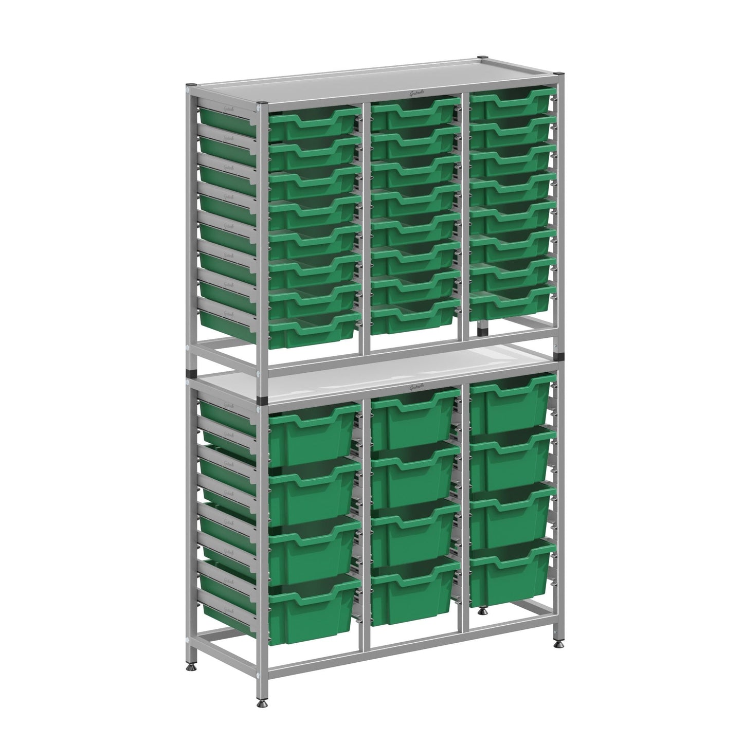 Gratnells Dynamis Combo Cart Set 19 Silver with feet 24 - 3 inch and 12 - 6 inch deep Trays (GRA - DYFT344C04) - SchoolOutlet