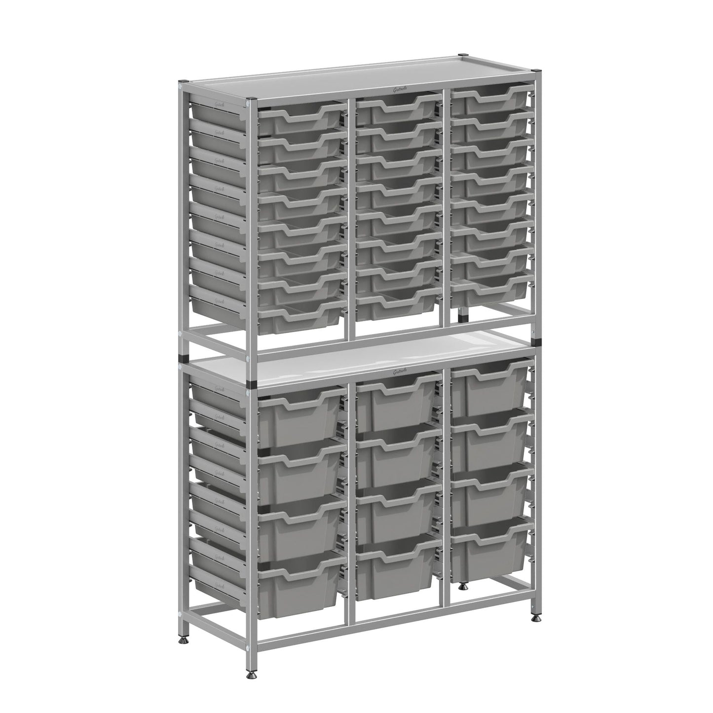 Gratnells Dynamis Combo Cart Set 19 Silver with feet 24 - 3 inch and 12 - 6 inch deep Trays (GRA - DYFT344C04) - SchoolOutlet