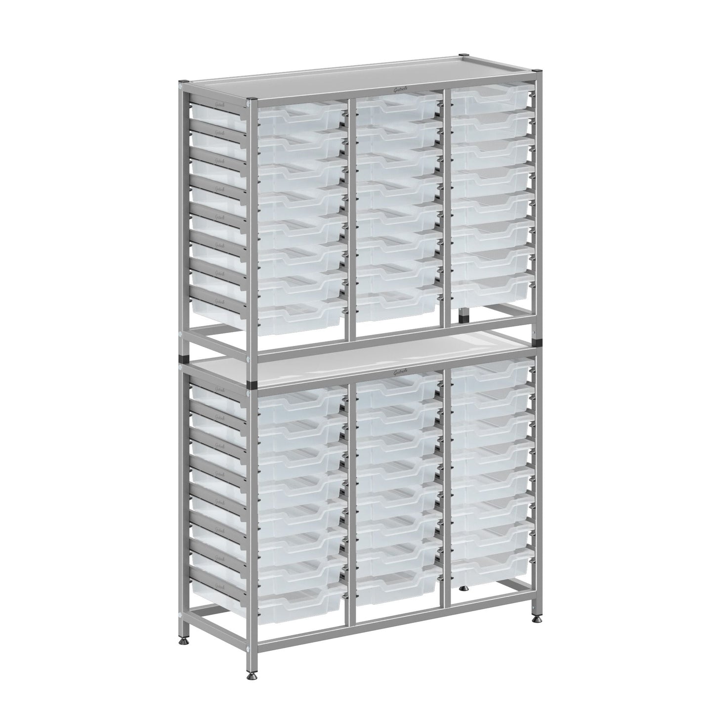 Gratnells Dynamis Combo Cart Set 20 Silver with feet 48 Shallow 3 inch deep Trays (GRA - DYFT344F01) - SchoolOutlet