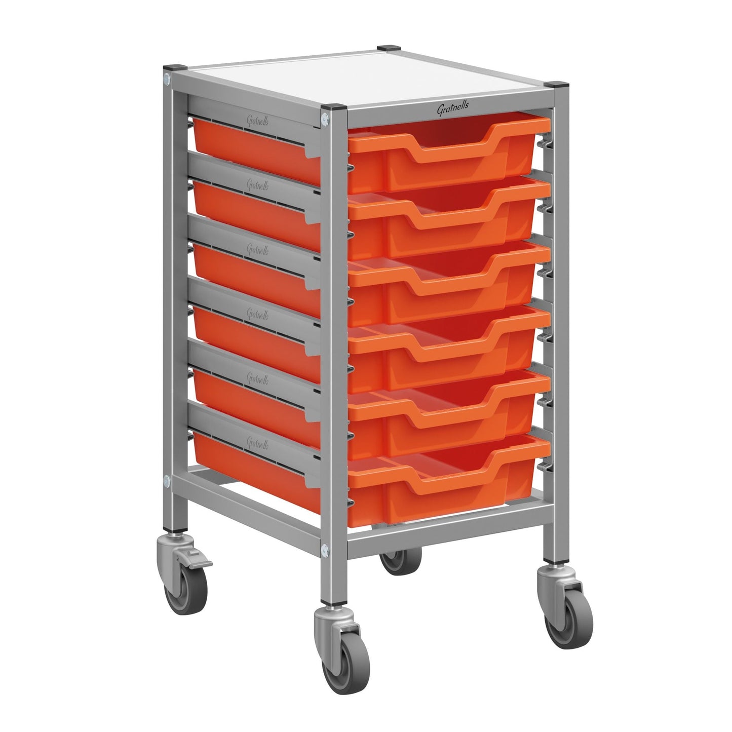 Gratnells Dynamis Low Single Cart Set 41 in Silver with 3" 2 Braked Casters & Optional Feet and 6 Shallow 3 inch deep Trays (GRA - DYTL144) - SchoolOutlet