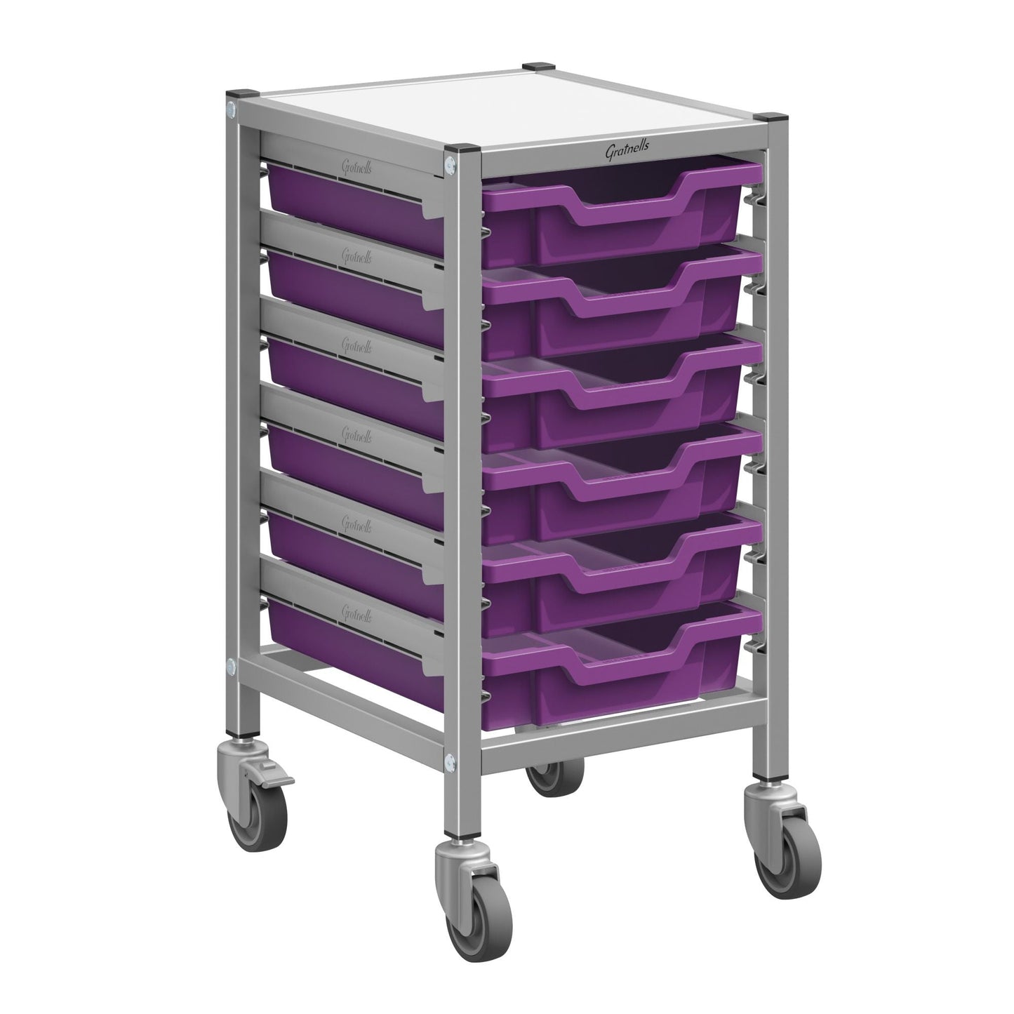 Gratnells Dynamis Low Single Cart Set 41 in Silver with 3" 2 Braked Casters & Optional Feet and 6 Shallow 3 inch deep Trays (GRA - DYTL144) - SchoolOutlet