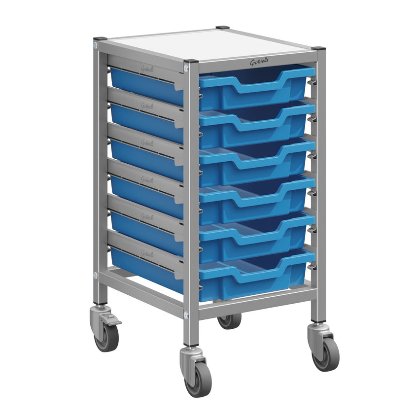 Gratnells Dynamis Low Single Cart Set 41 in Silver with 3" 2 Braked Casters & Optional Feet and 6 Shallow 3 inch deep Trays (GRA - DYTL144) - SchoolOutlet