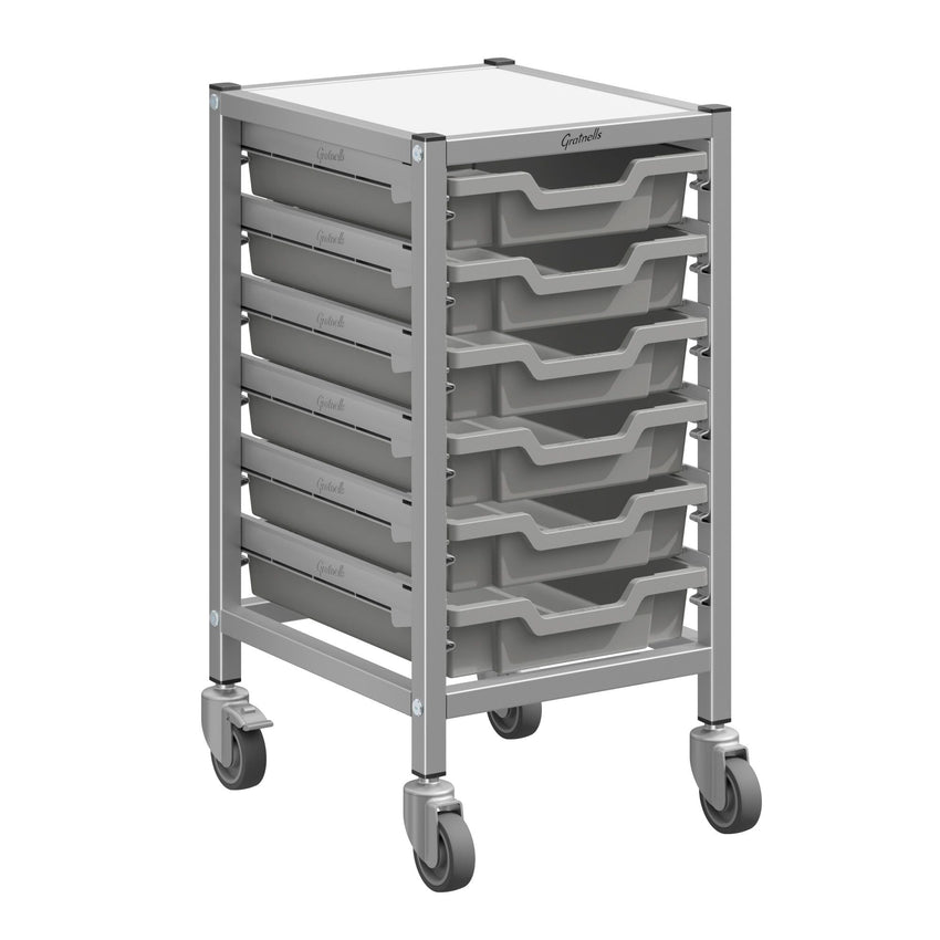Gratnells Dynamis Low Single Cart Set 41 in Silver with 3" 2 Braked Casters & Optional Feet and 6 Shallow 3 inch deep Trays (GRA - DYTL144) - SchoolOutlet