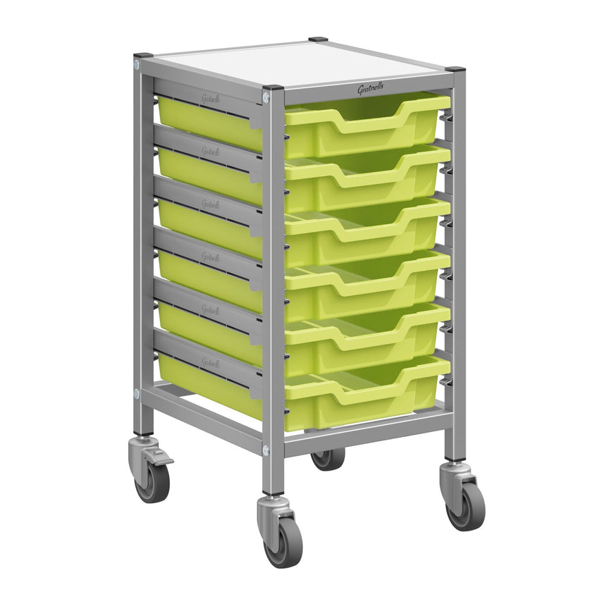 Gratnells Dynamis Low Single Cart Set 41 in Silver with 3" 2 Braked Casters & Optional Feet and 6 Shallow 3 inch deep Trays (GRA - DYTL144) - SchoolOutlet