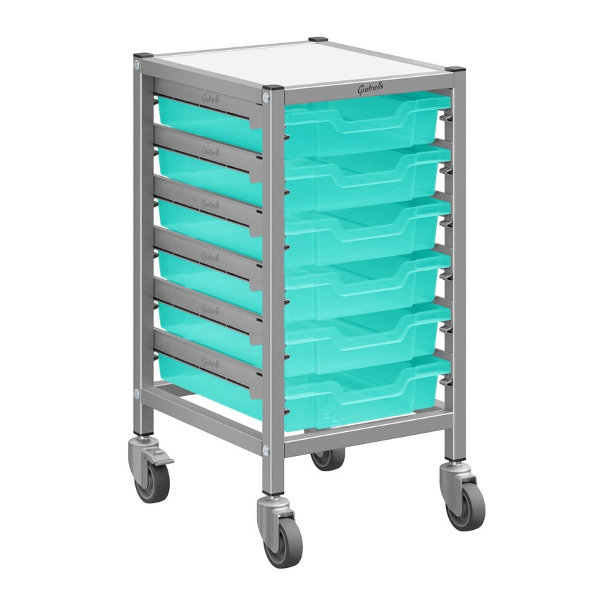 Gratnells Dynamis Low Single Cart Set 41 in Silver with 3" 2 Braked Casters & Optional Feet and 6 Shallow 3 inch deep Trays (GRA - DYTL144) - SchoolOutlet