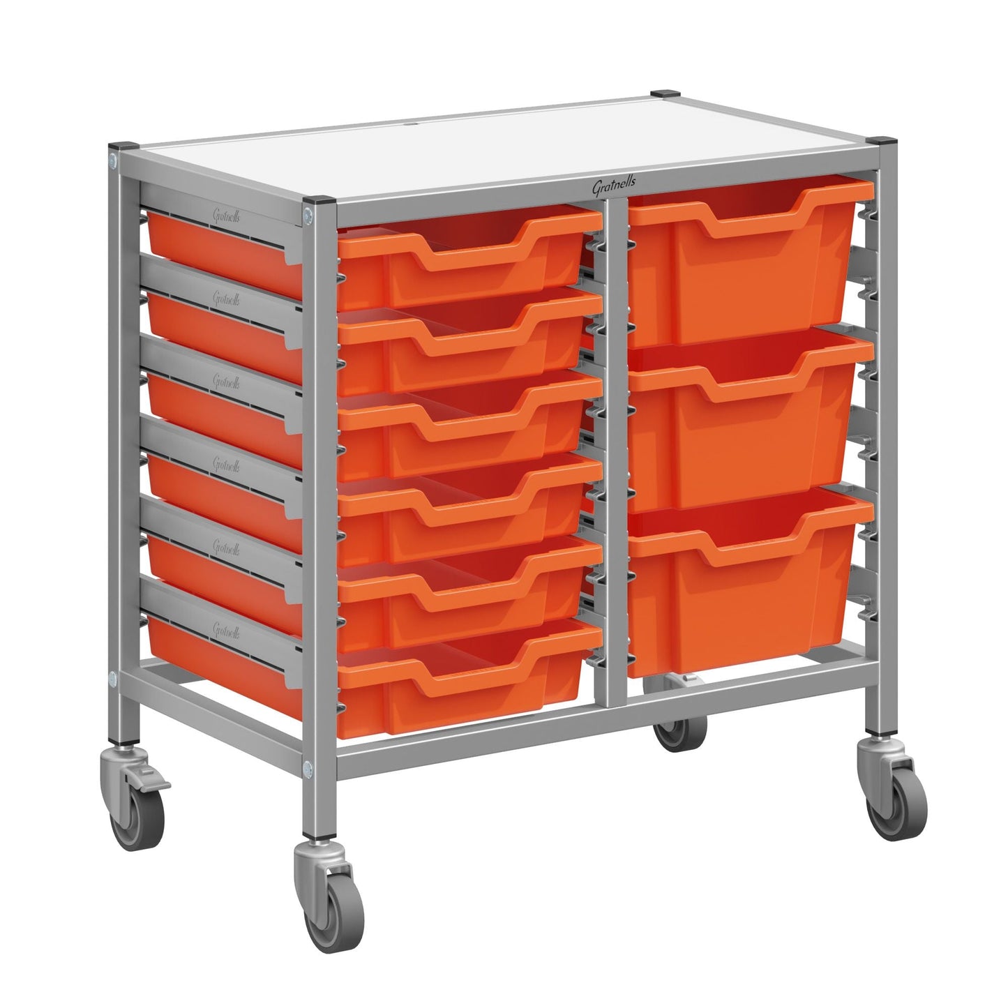 Gratnells Dynamis Low Double Cart Silver Set 44 with 3" Casters, 2 braked & Feet 6 - 3 inch and 3 - 6 inch Trays (GRA - DYTL244) - SchoolOutlet