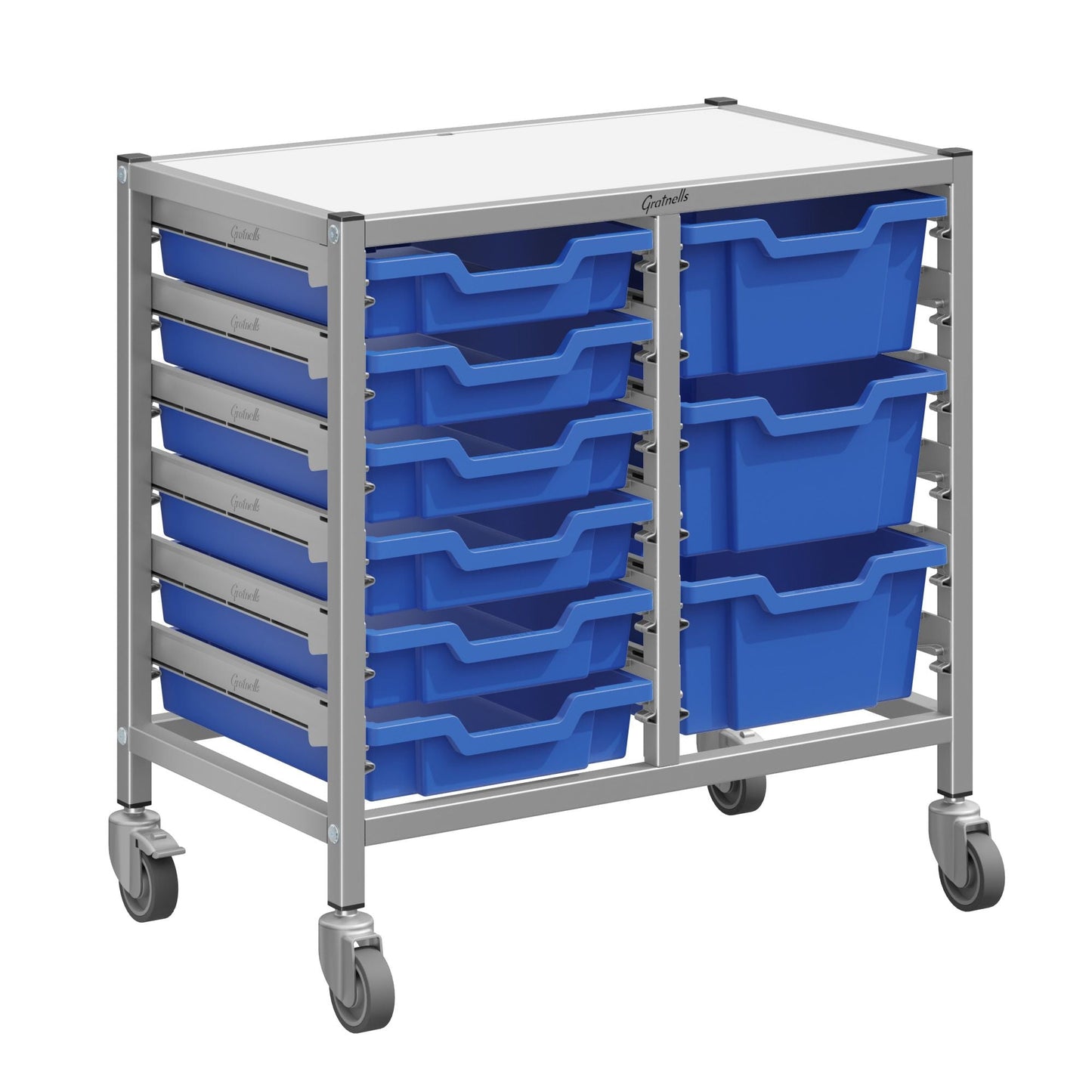 Gratnells Dynamis Low Double Cart Silver Set 44 with 3" Casters, 2 braked & Feet 6 - 3 inch and 3 - 6 inch Trays (GRA - DYTL244) - SchoolOutlet