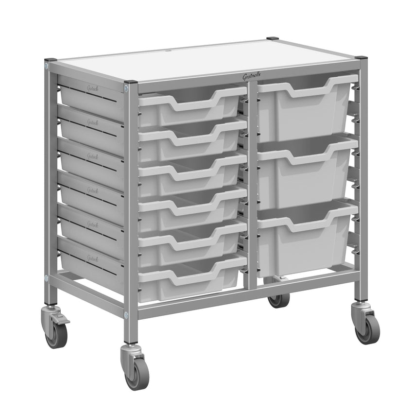 Gratnells Dynamis Low Double Cart Silver Set 44 with 3" Casters, 2 braked & Feet 6 - 3 inch and 3 - 6 inch Trays (GRA - DYTL244) - SchoolOutlet