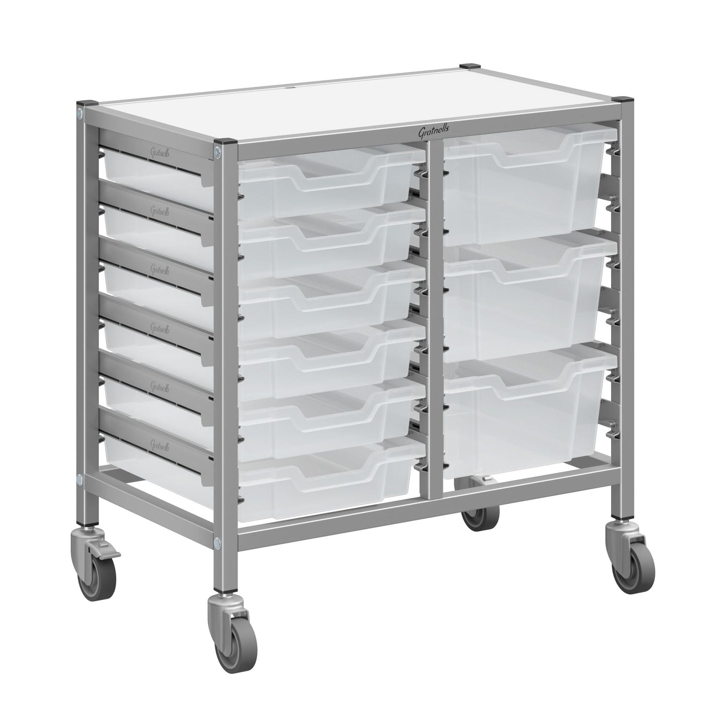 Gratnells Dynamis Low Double Cart Silver Set 44 with 3" Casters, 2 braked & Feet 6 - 3 inch and 3 - 6 inch Trays (GRA - DYTL244) - SchoolOutlet