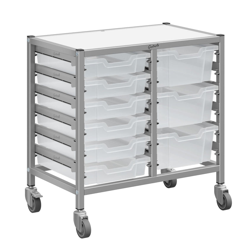 Gratnells Dynamis Low Double Cart Silver Set 44 with 3" Casters, 2 braked & Feet 6 - 3 inch and 3 - 6 inch Trays (GRA - DYTL244) - SchoolOutlet