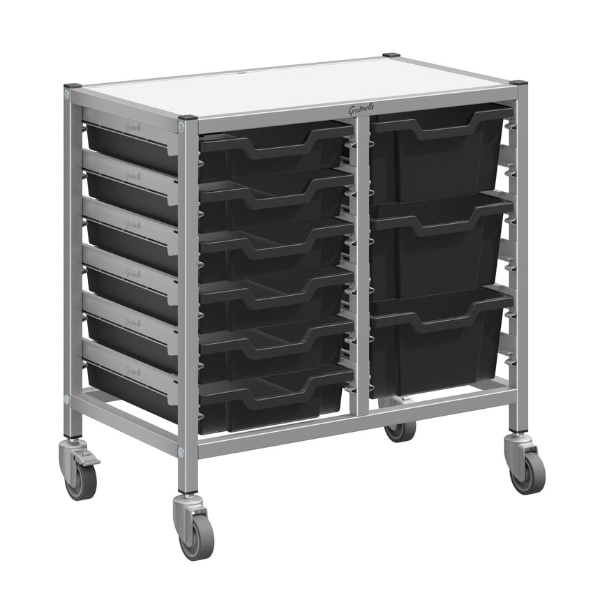 Gratnells Dynamis Low Double Cart Silver Set 44 with 3" Casters, 2 braked & Feet 6 - 3 inch and 3 - 6 inch Trays (GRA - DYTL244) - SchoolOutlet