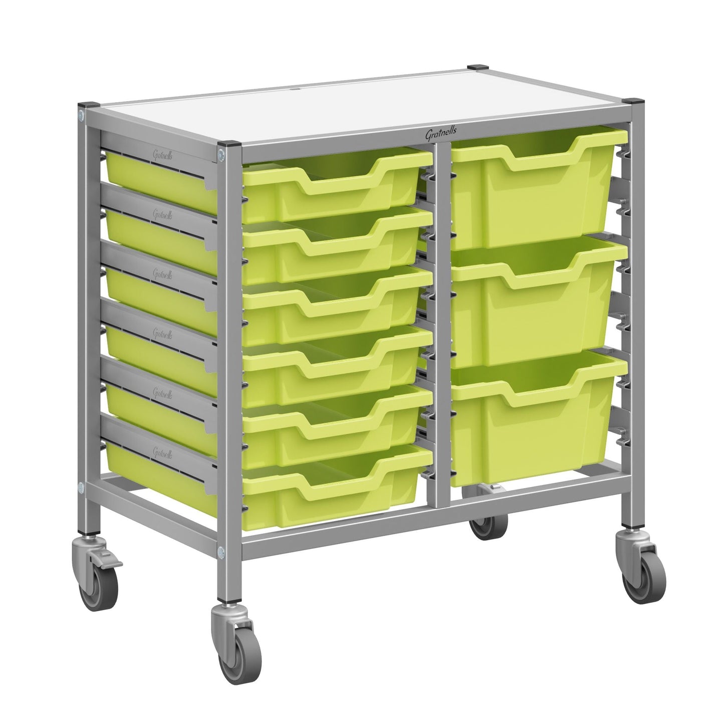 Gratnells Dynamis Low Double Cart Silver Set 44 with 3" Casters, 2 braked & Feet 6 - 3 inch and 3 - 6 inch Trays (GRA - DYTL244) - SchoolOutlet