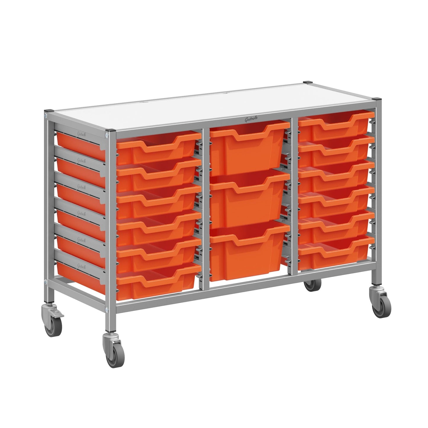 Gratnells Dynamis Low Triple Cart Set 60 Silver with 3" Casters, 2 braked & Feet 12 - 3 inch and 3 - 6 inch deep Trays (GRA - DYTL344) - SchoolOutlet