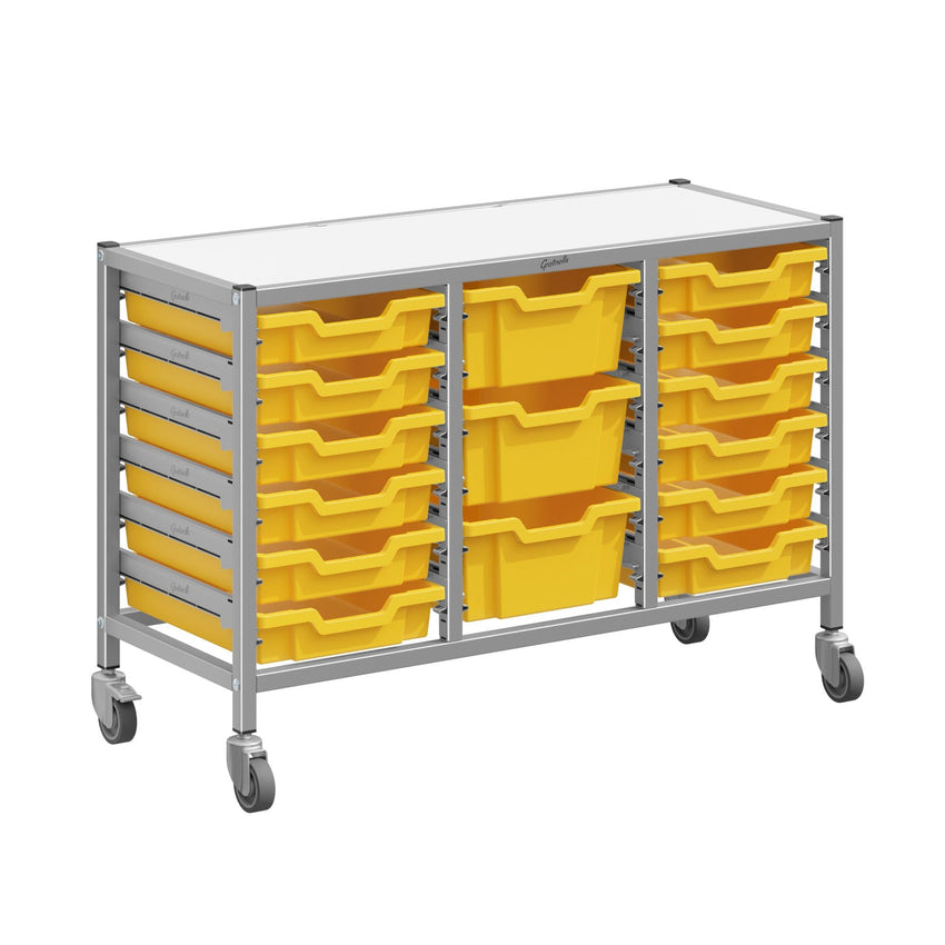 Gratnells Dynamis Low Triple Cart Set 60 Silver with 3" Casters, 2 braked & Feet 12 - 3 inch and 3 - 6 inch deep Trays (GRA - DYTL344) - SchoolOutlet