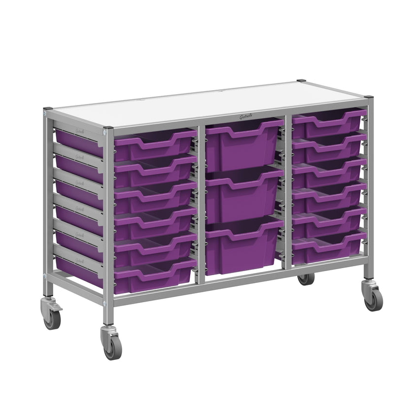 Gratnells Dynamis Low Triple Cart Set 60 Silver with 3" Casters, 2 braked & Feet 12 - 3 inch and 3 - 6 inch deep Trays (GRA - DYTL344) - SchoolOutlet